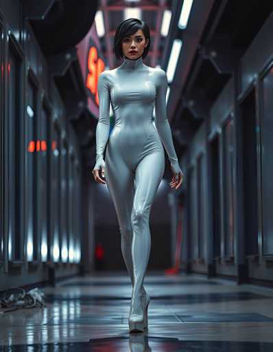 A woman is walking down an empty hallway with a futuristic design and neon lights on the walls. She is wearing a white jumpsuit that appears to be made of shiny material, giving her a sleek and modern appearance. The hallway has a high ceiling and large windows that allow natural light to enter the space, creating a stark contrast between the artificial lighting from the neon signs and the soft glow of the windows.
The woman's position in the center of the hallway suggests she is moving towards something or someone outside the frame.