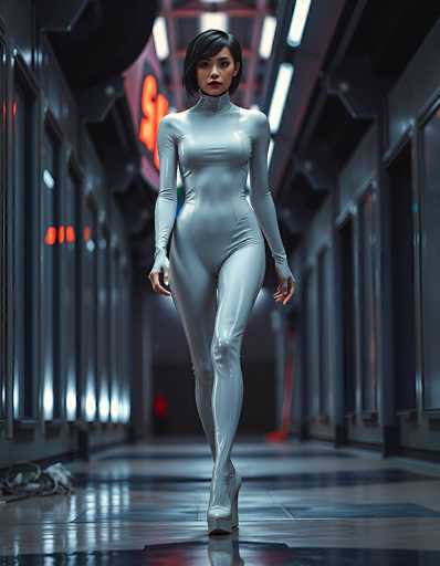 In this AI-generated image, a woman is depicted walking down a futuristic hallway. She is dressed in a sleek, gray bodysuit that accentuates her figure, paired with matching gray high heels. Her short black hair frames her face, and she wears striking red lipstick. The hallway features a highly reflective floor, adding to the sci-fi ambiance. On the left side of the image, a series of windows are visible, while the right side is lined with doors. The ceiling is adorned with long, rectangular lights that cast a soft glow over the scene. In the background, a blurry figure can be seen, adding depth to the composition. The woman's hands are positioned at her sides, and she gazes directly at the viewer, creating a sense of engagement.