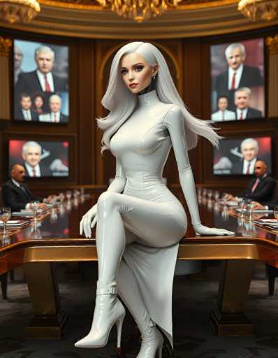 In this striking image, a woman with long, flowing white hair and fair skin is seated confidently on a large, ornate table. She is dressed in a sleek, form-fitting white dress that accentuates her figure, paired with matching white boots. The dress features a unique design with a slit on the side, revealing a glimpse of her leg. Her pose is relaxed yet poised, with one leg bent and the other straight, her hands resting on the table.

The table itself is grand, with a gold base and a dark brown top, surrounded by several men in suits who appear to be engaged in a meeting. The background is adorned with four large screens, each displaying the faces of different men in suits, adding to the formal and professional atmosphere of the scene. The overall composition exudes a sense of elegance and authority, capturing a moment of sophistication and power.