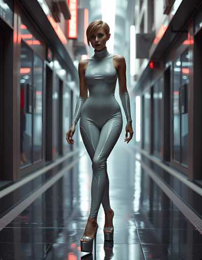 A futuristic, high-fashion model in a sleek, silver bodysuit walks down a long, dimly lit hallway. The hallway is lined with glass storefronts and illuminated by neon lights, creating a futuristic, cyberpunk aesthetic. The model's pose is confident and poised, with her gaze directed forward. Her long, blonde hair is styled in a sleek bob, and she wears high-heeled boots that reflect the neon lights. The overall mood is one of futuristic elegance and technological sophistication.
