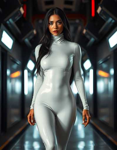 A woman is walking down an empty hallway with a futuristic design and neon lights on the walls. She is wearing a white jumpsuit that contrasts with the dark surroundings. The hallway has multiple doors and windows, creating a sense of depth in the image.