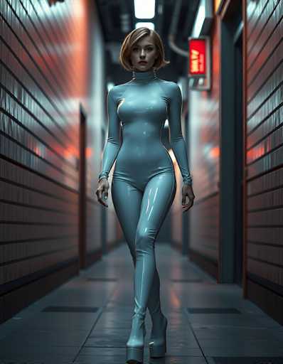 In this computer-generated image, a woman is depicted walking down a long, dimly lit hallway. She is dressed in a form-fitting, light blue bodysuit that extends from her neck to her ankles, paired with high-heeled shoes. Her short blonde hair is styled in a bob, and she wears red lipstick. The hallway features a white floor with black rectangular patterns and is flanked by walls with horizontal black lines. On the right side of the hallway, there are several doorways, and a red sign with yellow writing is mounted on one of the walls. The overall atmosphere of the image is dark and somewhat eerie, with the woman's figure being the focal point as she walks towards the viewer.
