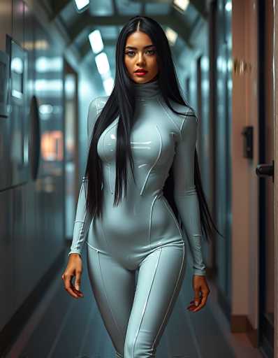 The image depicts a highly realistic, computer-generated scene of a woman standing in a long, dimly lit hallway. She has long, dark hair that cascades down to her waist, and she is wearing a form-fitting, light blue bodysuit that accentuates her figure. The bodysuit features a high collar that extends up to her neck, long sleeves, and a design that includes a zipper running down the front. The woman has a serious expression on her face, with red lipstick and dark eyes, and her hands rest at her sides. The hallway is illuminated by a series of lights on the ceiling, creating a gradient of light that fades into darkness. To her right, there are several doors, and to her left, there appears to be a wall with a picture or painting. The overall atmosphere of the image is mysterious and somewhat eerie, with the woman standing as the focal point amidst the shadowy surroundings.