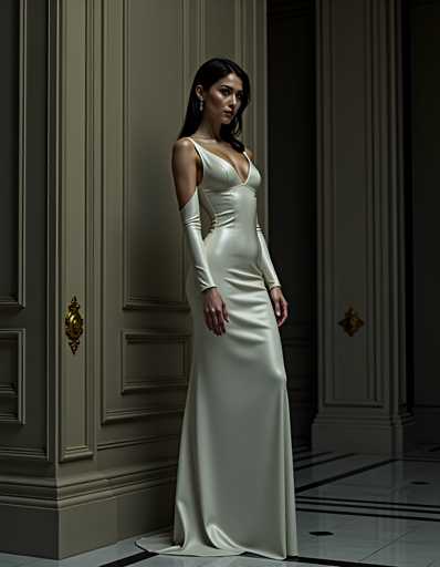 A woman is standing against a wall with her hands on her hips and looking directly at the camera. She is wearing a long white dress that falls down to her knees, and she has her hair styled in an elegant updo. The background features a beige wall with gold accents, which complements the woman's attire.