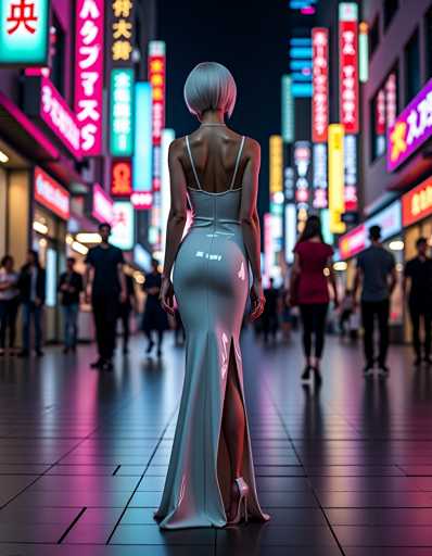 A woman wearing a white dress with a high slit and heels is walking down a city street at night. The street is lined with neon signs and buildings that glow brightly against the dark sky.
