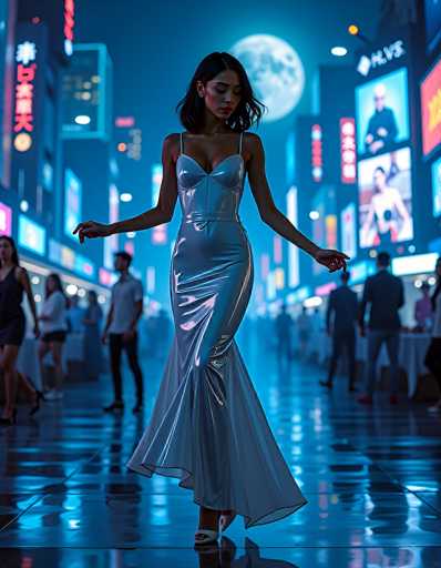 A woman in a shimmering silver gown stands in the middle of a vibrant, neon-lit city street. The scene is bathed in cool blue and purple hues, with bright digital billboards displaying various advertisements and signs. The woman is positioned in the center of the frame, her arms outstretched as if she's dancing or posing. Her dark hair is styled in a sleek, modern cut, and her expression is serene yet captivating. The city's neon lights reflect on the wet pavement, creating a dynamic and futuristic atmosphere. In the background, blurred figures of people can be seen walking along the street, adding depth to the scene. A full moon hangs high in the sky, casting a soft glow on the cityscape. The overall mood is one of glamour, mystery, and urban energy.