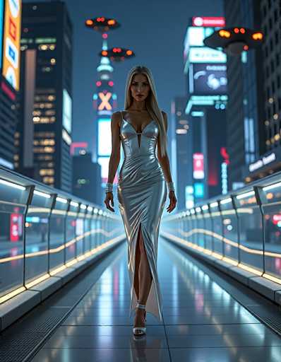 In this captivating image, a woman stands poised on a sleek, futuristic walkway that stretches into the distance. She is adorned in a stunning, form-fitting silver dress that accentuates her figure, with a daring slit that reveals her leg. The dress features a plunging neckline that adds an element of allure to her ensemble. Her long, flowing blonde hair cascades down her back, complementing her fair complexion. She completes her look with elegant white high heels.

The walkway beneath her is a glossy black, reflecting the vibrant lights of the towering skyscrapers that line either side. These skyscrapers are adorned with large, illuminated signs and billboards, casting a warm glow that contrasts with the dark night sky. Above, three black UFOs hover ominously, their red lights piercing the darkness, adding an air of mystery and intrigue to the scene. The overall atmosphere is a mesmerizing blend of futuristic design and otherworldly elements, creating a visually striking and immersive environment.