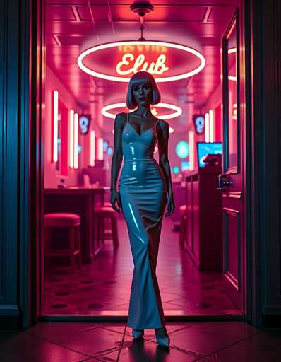 A woman is standing in front of a neon sign that reads "El Club" and is wearing a white dress with a long train. The background features a dark room with multiple tables and chairs arranged around it, creating an atmosphere reminiscent of a club or bar setting.