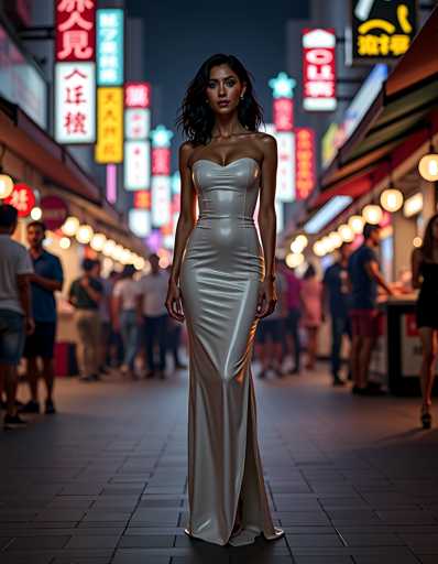 A woman is walking down a city street at night, wearing a strapless white dress and high heels. The street is lined with neon signs and buildings, creating an urban atmosphere.