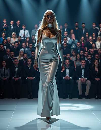 The image shows a woman wearing a long white dress with a high neckline and a corset, walking down a runway during a fashion show. The audience is seated on black chairs behind her, watching the event unfold.