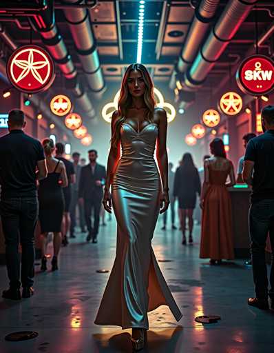 The image depicts a woman wearing a long silver dress with a high slit and strapless neckline walking down an indoor hallway at night. The hallway is illuminated by neon signs that cast a warm glow on the scene. In the background, there are other people present in the room, but they are blurred and not the main focus of the image.