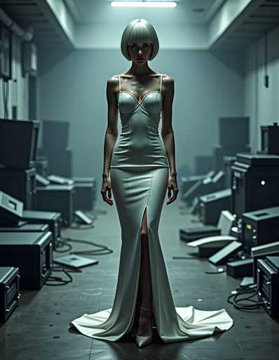 A woman stands in an empty room with a long white dress featuring a split skirt and strapless bodice. The room is filled with black boxes scattered around her, creating a sense of disarray.