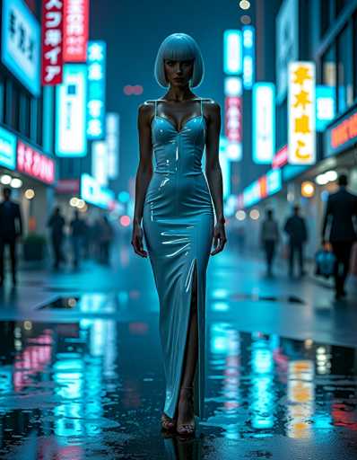 A futuristic, neon-lit city street at night. A woman in a shimmering, form-fitting silver dress stands in the center of the frame, looking directly at the viewer. The street is wet and reflects the vibrant neon signs in a distorted, shimmering pattern. Other blurred figures of people can be seen walking in the background, adding to the bustling atmosphere. The overall color palette is dominated by cool blues and vibrant neon lights, creating a cyberpunk aesthetic.