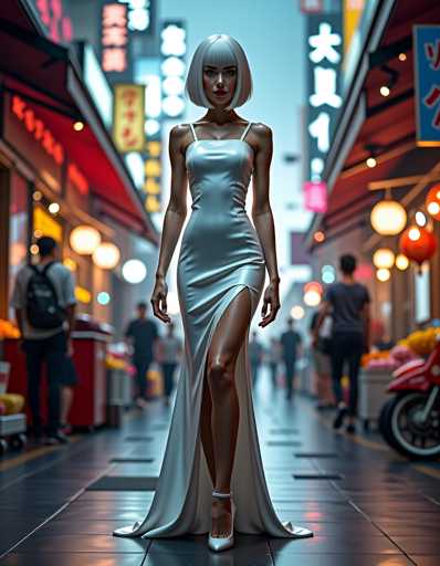 The image depicts a woman wearing a long white dress with a high slit and strappy heels walking down a city street at night. The background shows the illuminated signs of shops and restaurants lining the street, creating an urban atmosphere.