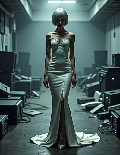 In this striking image, a woman stands confidently in the middle of a room, exuding an aura of sophistication. She is dressed in a sleek, white dress that accentuates her figure, featuring thin straps over her shoulders and a unique crisscross design at the bust. The dress is form-fitting, hugging her chest and waist before flowing elegantly to the floor. A dramatic slit on the right side of the dress reveals her leg, adding a touch of allure to her ensemble. Her short, white hair frames her face, and she gazes directly at the camera with a composed expression.

The room around her is cluttered with various pieces of electronic equipment, predominantly black boxes and rectangular shapes, some of which are tipped over. Cords snake across the floor, contributing to the chaotic scene. The walls are painted white, and a long, rectangular light fixture hangs from the ceiling, casting a soft glow over the room. The floor is a dark gray, providing a stark contrast to the white walls and the woman's attire. The overall composition of the image creates a captivating juxtaposition between the woman's polished appearance and the disarray of the room around her.