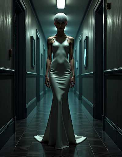 In this striking image, a woman stands confidently in the center of a long, dimly lit hallway. She is wearing a sleek, form-fitting dress that appears to be made of leather or satin, with thin straps and a long, flowing skirt that fans out around her feet. The dress is a light gray color, adding to the overall monochromatic theme of the scene. Her short, white hair contrasts sharply with her pale skin, and she has a serious expression on her face, looking directly at the camera. The hallway itself is dark, with a wooden floor and gray walls, illuminated by a single light fixture above her head. The walls are lined with several doors and windows, some of which have lights on, casting a subtle glow. The overall atmosphere is eerie and mysterious, with the woman's poised stance adding to the unsettling ambiance.