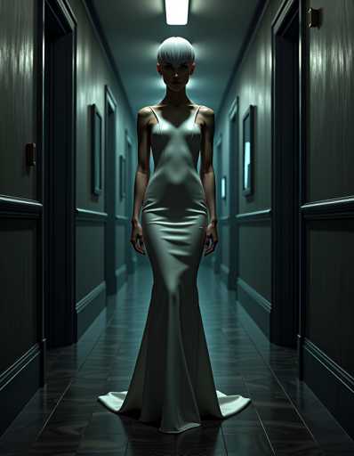 A woman stands alone in an empty hallway with a long white dress and blonde hair cascading down her back. The hallway is lined with closed doors on both sides, creating an atmosphere of solitude and mystery.