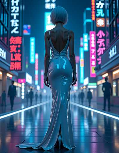 A person with short, silver hair wearing a long, shimmering blue dress stands facing away from the viewer in a vibrant, neon-lit city street. The person is positioned in the center of the frame, with their back to the camera, showcasing a sleek, form-fitting dress that reflects the neon lights. The street is lined with brightly lit storefronts displaying various signs in Japanese, creating a futuristic and bustling atmosphere. The person's posture is elegant, with their hands resting on the dress's sides, and they are wearing high heels. The overall lighting is predominantly blue and pink neon, with reflections on the wet pavement adding to the depth of the scene. The background features blurred figures of people walking in the distance, emphasizing the person's solitary presence in this vibrant urban setting. The image has a high-contrast, digital art style with sharp details and a smooth color palette.