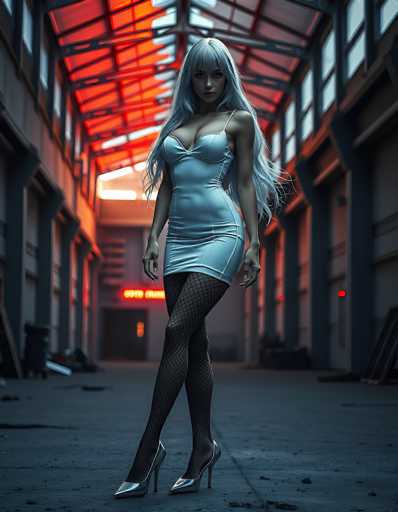 In this AI-generated image, a woman stands confidently in the middle of a dimly lit, industrial-style building. She is dressed in a tight-fitting, light blue dress that accentuates her figure, paired with black fishnet stockings and silver high heels. Her long, white hair cascades down to her waist, with bangs framing her face. The woman's expression is serious, and she gazes directly at the camera. The setting around her is a vast, empty space with concrete floors and walls, illuminated by a striking red light that casts an eerie glow throughout the area. The ceiling features a grid-like pattern, adding to the industrial ambiance. In the background, a blurry neon sign adds a touch of urban grit to the scene.