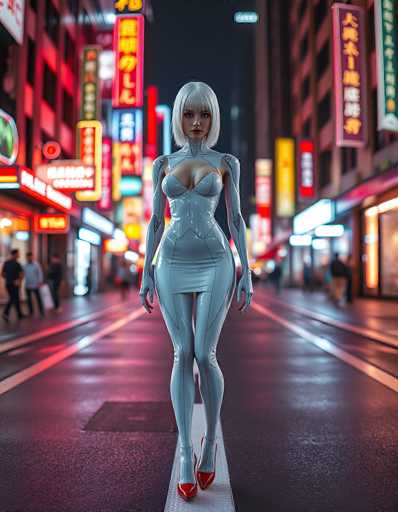 In this captivating image, a woman stands confidently in the middle of a bustling street, her striking appearance immediately drawing attention. She is adorned in a sleek, form-fitting bodysuit that accentuates her curves, featuring a daring plunging neckline that reveals a generous amount of cleavage. Her ensemble is completed with vibrant red high heels, adding a pop of color to her outfit. The woman's short, platinum blonde hair frames her face, which is marked by a serious, almost stern expression. Her arms rest naturally at her sides, with her hands slightly clenched into fists, emphasizing her poised yet intense demeanor.

The backdrop of the scene is equally mesmerizing, with towering buildings lining both sides of the street, their facades adorned with a myriad of neon signs. These signs, written in an Asian script, cast a colorful glow over the scene, creating a dynamic and energetic atmosphere. The street itself is illuminated by the reflections of these neon lights, giving the ground a shimmering, almost ethereal quality. The overall composition of the image blends the woman's bold presence with the vibrant, neon-lit urban landscape, creating a visually stunning and memorable scene.