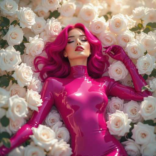 The image features a beautiful woman with pink hair lying on her stomach in the center of a field filled with white roses. She is wearing a shiny, metallic outfit that contrasts with the delicate petals surrounding her. The scene appears to be a photoshoot or an artistic display, as she seems to be posing for the camera while being surrounded by the lovely flowers.