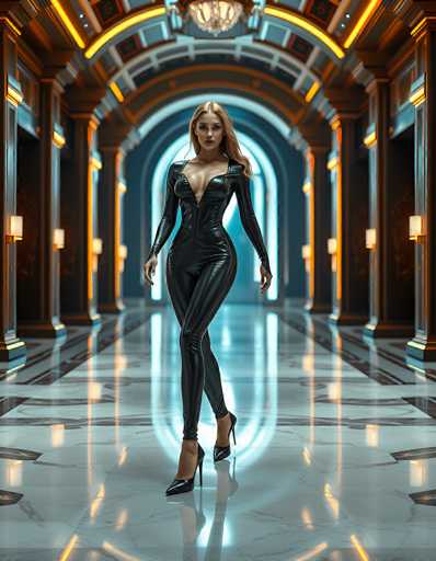 The image depicts a highly realistic, AI-generated scene of a blonde woman with long hair, wearing a form-fitting, black leather bodysuit that accentuates her curves. She is standing in the middle of a grand, futuristic hallway, exuding confidence with her hands at her sides and her legs crossed. The hallway features a highly reflective, marble-like floor with intricate designs, and the walls are adorned with numerous pillars and lights, creating a sense of depth and grandeur. The ceiling is arched, and a chandelier hangs prominently above. At the far end of the hallway, a large, glowing blue light source illuminates the scene, adding to the futuristic ambiance. The woman's striking appearance, combined with the detailed and ornate surroundings, gives the impression of a high-fashion advertisement or a scene from a sci-fi movie.