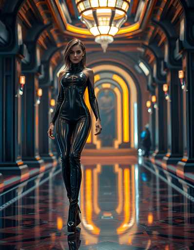 In this highly detailed, computer-generated image, a woman stands confidently in the center of a grand, futuristic hallway. She is dressed in a sleek, black leather catsuit that accentuates her figure, complete with long sleeves and high-heeled boots. Her shoulder-length brown hair frames her face, which is adorned with red lipstick and a serious expression. The hallway itself is expansive, with a highly reflective floor that mirrors the vibrant colors of the surroundings. The walls are lined with tall, black pillars, and the ceiling features a large, ornate chandelier with a crystal base and glowing yellow lights. The space is illuminated by a combination of yellow, orange, and blue lights, creating a warm yet futuristic ambiance. In the background, a statue of a man stands in a doorway, adding to the grandeur of the scene. The overall color palette includes shades of black, white, gray, yellow, orange, blue, and red, enhancing the image's vivid and immersive quality.