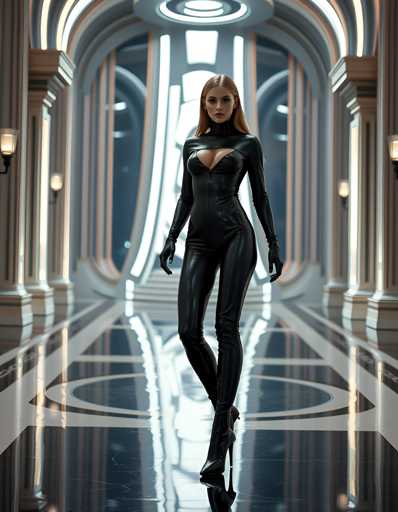 A woman is standing on a black marble floor in an empty room with white columns and arches. She is wearing a black leather outfit that includes a corset and thigh-high boots. The room has a high ceiling with a large circular window at the center, allowing natural light to illuminate the space.