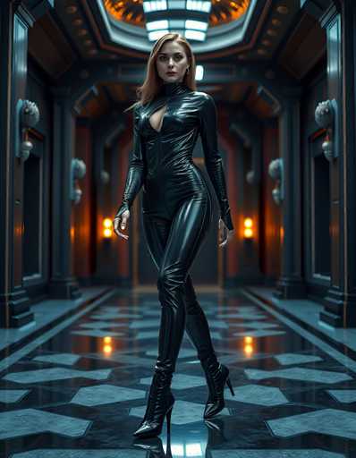 The image depicts a highly realistic, computer-generated scene of a woman standing in a futuristic hallway. She is wearing a sleek, black leather catsuit that accentuates her figure, with a deep V-neckline that reveals part of her chest. Her long, reddish-brown hair cascades down to her shoulders, and she sports hoop earrings. The catsuit extends to her high-heeled boots, which reach up to her knees. The woman's expression is serious, with her gaze directed straight at the camera.

The hallway itself is a blend of modern and futuristic design elements. The floor is black with intricate patterns of gray and white, possibly resembling a mosaic or diamond shapes. The walls are adorned with metallic, silver-colored fixtures that add to the high-tech ambiance. The ceiling features a striking design with orange and blue lights, and a large, circular skylight that allows natural light to filter in. The overall color scheme of the hallway is predominantly black, gray, and silver, with accents of orange and blue lighting, creating a sleek and sophisticated atmosphere.