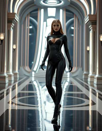 A woman in a sleek, black, form-fitting jumpsuit stands confidently in a futuristic hallway. The jumpsuit is made of a shiny, possibly leather or synthetic material, and features a low-cut neckline. She wears matching black gloves and high-heeled boots. Her blonde hair is styled in a sleek, straight cut, and she looks directly at the viewer with a calm expression. The hallway is spacious and minimalist, with polished black floors reflecting the soft lighting from arched fixtures along the walls. The background is blurred, drawing focus on the woman in the foreground.