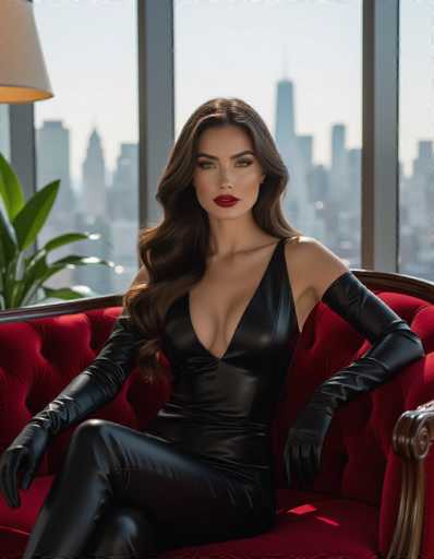 A stunning woman with long brown hair and porcelain skin sits on a red velvet couch in a luxurious apartment. She wears a sleek black leather outfit with a plunging neckline and matching gloves, gazing directly at the viewer. A hazy cityscape is visible through large windows, creating a sophisticated urban ambiance.