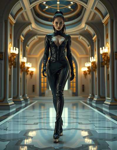 A woman is walking down an aisle with a high ceiling and ornate columns, wearing a black leather outfit that includes a corset and thigh-high boots.