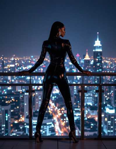 An exotic ethnic model in a black leather bodysuit gazes at the sprawling city lights from a modern palace tower balcony. The neon reflections dance on her skin and suit, while high heels frame the urban landscape. The image evokes a glamorous, nocturnal atmosphere with a sleek, contemporary art style.