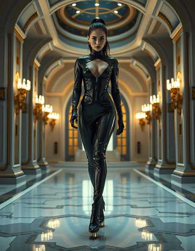 The image depicts a highly detailed, computer-generated scene of a woman in a sleek, black leather catsuit, reminiscent of Catwoman. She stands confidently in the middle of a grand, ornate hallway, her right leg slightly crossed in front of her left. Her long black hair is styled in a bun, and she wears earrings that add to her striking appearance. The catsuit features a zipper running down the front, revealing a hint of cleavage, and extends to cover her hands and feet, with the boots reaching up to her knees. The floor beneath her is a reflective gray marble with intricate patterns, adding to the luxurious ambiance of the setting. The hallway is lined with tall, white pillars and illuminated by numerous candelabras on either side, casting a warm glow. Above, a large circular window with a star-shaped design adds to the grandeur of the space. The woman gazes directly at the viewer, exuding a sense of power and allure.