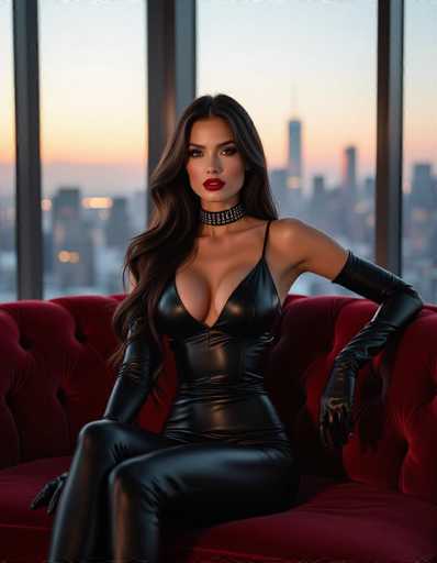 A stunning woman with long dark hair and fair skin commands attention in a black leather bodysuit, accented by a choker. She sits on a plush red velvet sofa in a luxurious penthouse, the city skyline bathed in warm sunset hues. The image showcases a high-fashion, cinematic style with photorealistic details and an urban chic atmosphere.