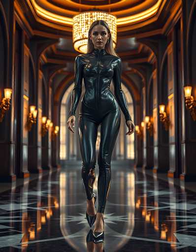 The image depicts a highly detailed, computer-generated scene of a woman walking down a long, ornate hallway. The woman, who appears to be Caucasian with long blonde hair, is wearing a form-fitting, black leather catsuit that zips up the front and extends to her ankles. She is also wearing black high heels. The hallway features a highly reflective black floor with intricate white patterns, including star-like designs. On either side of the hallway, there are tall, brown pillars with gold accents, and the walls are adorned with sconces that emit a warm, yellow light. The ceiling is lined with gold trim and features a large, circular chandelier with numerous lights, adding to the grandeur of the scene. The woman is looking directly at the camera, her expression neutral, as she walks towards the viewer.