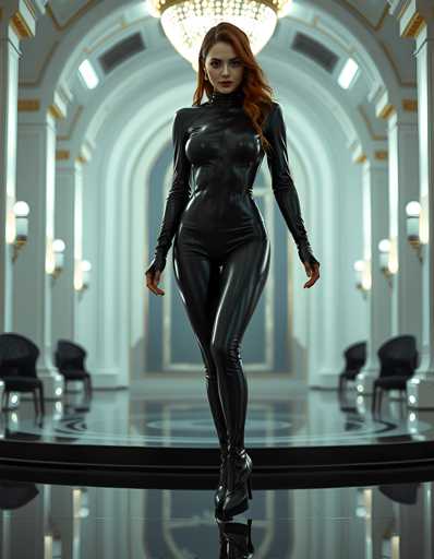 A woman is standing on a black platform with her arms crossed and legs apart, wearing a black leather outfit that includes a zipper top and pants. The setting appears to be an indoor space with white columns lining the background, creating a sense of grandeur and elegance.