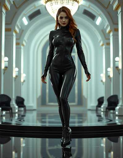 A woman in a sleek, black, form-fitting jumpsuit is walking towards the viewer in a grand, futuristic hallway. The hallway features polished black flooring that reflects the soft, warm lighting from ornate chandeliers and wall sconces. The woman has long, flowing red hair and is wearing high-heeled boots that match her jumpsuit. Her expression is confident and direct, with a subtle smile playing on her lips. The background features arched doorways and decorative details in muted gold tones, creating a sense of elegance and sophistication. The overall lighting is soft and diffused, highlighting the woman's form and the luxurious environment.