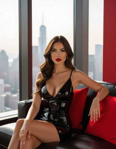 A confident woman with long brown hair and red lipstick sits in a sleek black latex dress on a modern sofa. Floor-to-ceiling windows showcase a hazy city skyline, illuminated by soft light. The scene is stylish and intimate, with deep red accents adding a touch of drama.