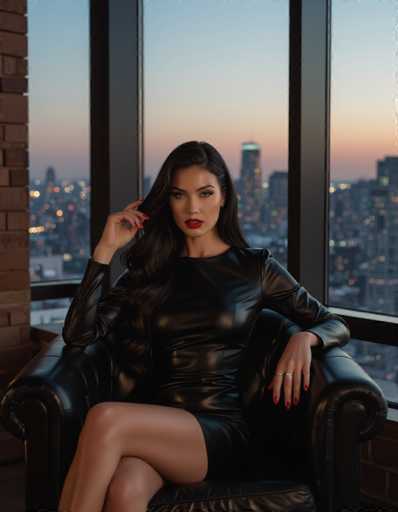 A woman in a black leather dress sits in a luxurious chair, gazing intently at the viewer. The cityscape glows behind her through large windows, creating a moody contrast with warm interior lighting and rich shadows. The art style is contemporary and emphasizes a bold, alluring aesthetic.
