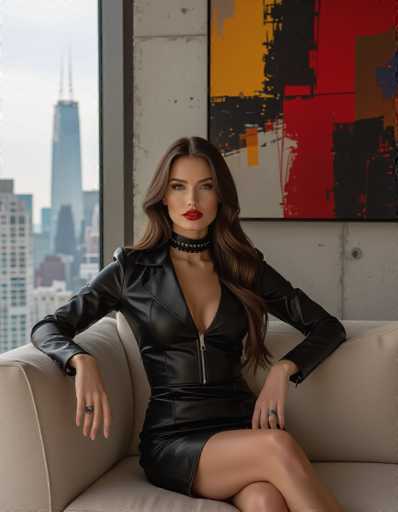 A striking woman in a black leather dress and choker sits poised on a beige sofa, gazing directly at the viewer. The modern penthouse features a cityscape view and abstract art, bathed in dim lighting. The image showcases high contrast and rich textures in a sophisticated fashion editorial style.