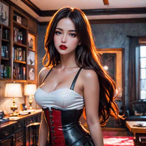 In this image, a young woman stands in a room that appears to be a living room or office. She has long, dark brown hair that cascades down to her waist, and she is wearing striking red lipstick. Her outfit is a corset-style top that is white on the front and black on the sides, with red accents on the left and right sides. The corset is laced up the front with black strings. 

The room features a white ceiling with a black border, and the walls are painted a dark gray color. To the left of the woman, there is a desk with a lamp that has a white shade and a gold base. Behind her, there is a bookshelf filled with books and various items. The floor is covered with a red carpet, and there is a window with a gray curtain on the right side of the image. The overall setting is cozy and well-lit, with the woman as the focal point of the photograph.