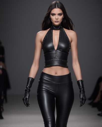 The image captures a striking scene of a model confidently striding down a runway. She is adorned in a sleek, all-black ensemble that exudes sophistication and allure. Her outfit features a form-fitting leather bra top with a daring V-neckline that plunges down to her belly button, revealing her toned midriff. Complementing the top, she wears matching leather pants that accentuate her figure. Her long, dark hair cascades down her back, framing her face and adding to her dramatic presence. The model's expression is one of intense focus, with her eyes directed straight ahead, conveying a sense of determination and poise. Her arms are extended out to her sides, and she wears black leather gloves that extend up to her forearms, adding an extra layer of edgy elegance to her look. The background is a muted gray, ensuring that all attention remains on the model and her captivating attire.