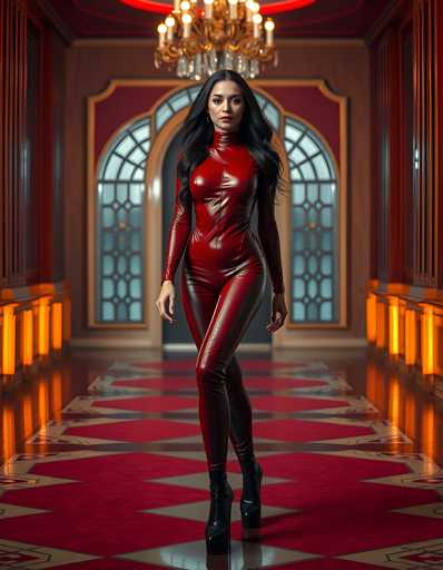 A woman is standing on a red carpeted floor in front of an ornate room with a large window and a chandelier hanging from the ceiling. She is wearing a red jumpsuit that contrasts with the warm tones of the room.