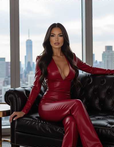 A striking woman with dark hair sits elegantly on a black leather couch in a high-rise apartment, wearing a form-fitting red leather outfit. The panoramic city view and soft light create a sophisticated atmosphere, rendered in a leather fetish fashion art style.
