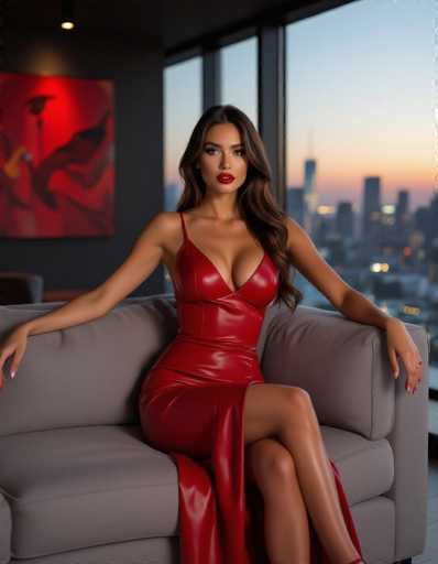 A stunning woman in a red leather dress sits on a grey sofa in a loft, gazing at the city skyline at dusk. The intimate urban setting features abstract red art on dark walls and soft lighting, creating a cinematic, realistic image with a leather fetish art style.