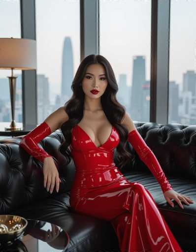 A confident Asian woman in a red latex dress sits on a black leather sofa in a modern penthouse, gazing at the camera. The sleek interior features floor-to-ceiling windows showcasing a hazy city skyline, creating a stylish and sensual atmosphere. The image embodies leather fetish fashion art.