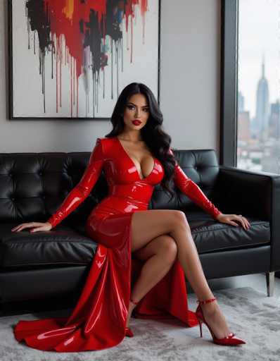 A woman with cascading dark hair commands attention in a sleek red latex dress on a black leather couch. The urban living room features an abstract painting and a city skyline view, creating a sophisticated and confident aesthetic.