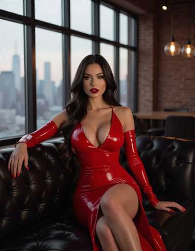 A seductive woman in a red latex dress with a deep V-neck and thigh slit sits on a black tufted leather sofa in an urban loft. The 8k hyperrealistic image features a blurred city skyline through large windows, warm lighting, and dramatic shadows. The art style emphasizes glossy textures and a moody interior design.