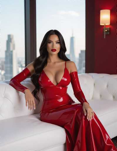 A woman in a red latex dress sits on a white couch, gazing at the viewer. The cityscape is visible through large windows, and warm lighting contrasts with the cool daylight. The image has a glamorous, fashion-focused art style.